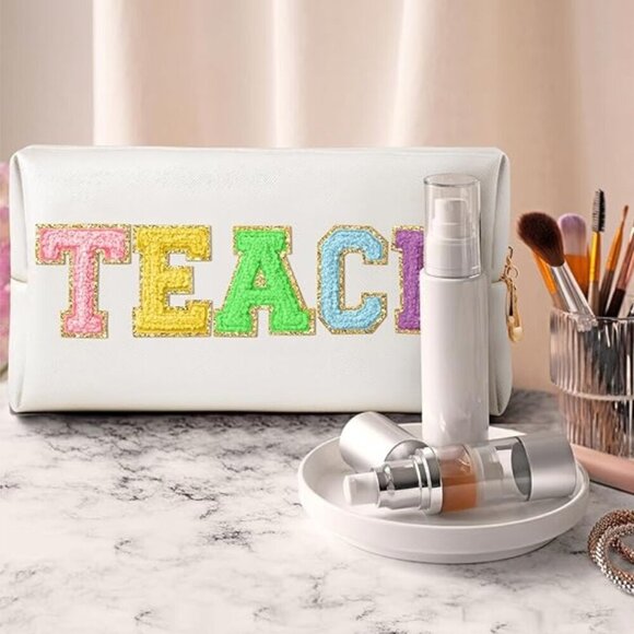 NEW TEACH Letter Makeup Bag Colorful TEACHER Chenille Letter Patch Cosmetic Bag - Picture 1 of 11